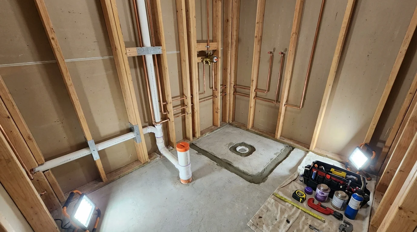 Bathroom rough-in plumbing during remodel by Johns Plumbing LLC in Pennsville