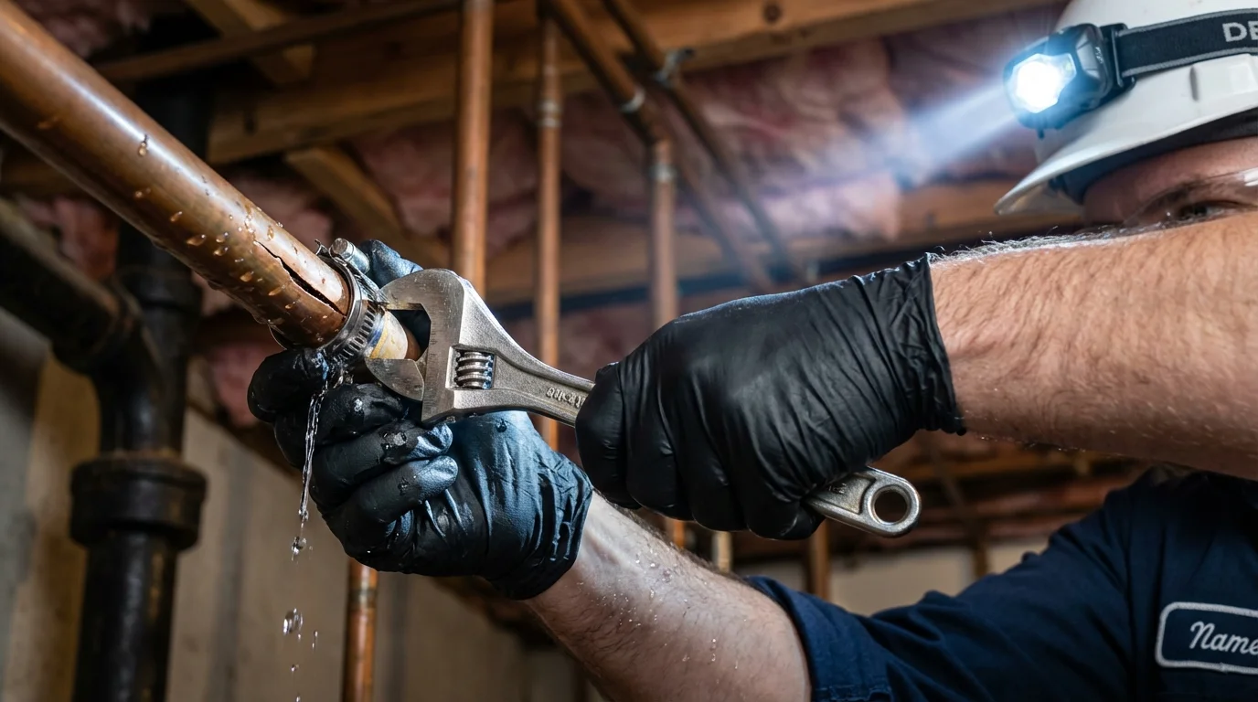 Emergency pipe clamp repair being performed by a Johns Plumbing LLC plumber in Pennsville