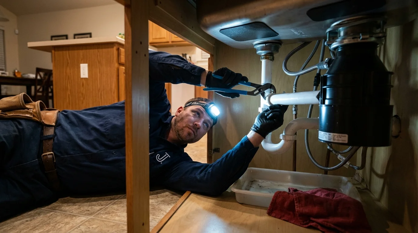 P-trap and supply line connections under a kitchen sink showing a common leak point in Pennsville, NJ